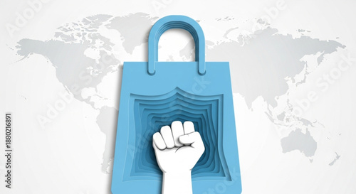 World Consumer Rights Day Fist punching through a shopping bag layered over a faint world map representing global consumerism and protest