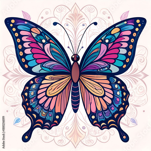 Colorful Butterfly Illustration with Intricate Floral Background