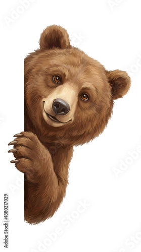 Cute brown bear peeking from side — hand-painted digital illustration,  isolated on transparent background, children’s book animal art PNG