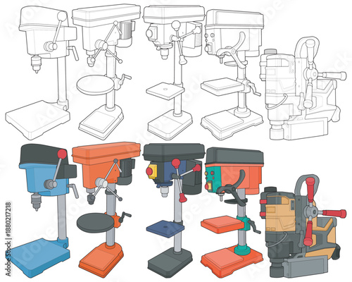 Drill press machine illustration bundle combining outline and colored versions, featuring various bench and floor drill models for industrial, workshop, manufacturing, and technical design application