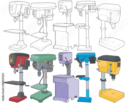 Drill press machine illustration bundle combining outline and colored versions, featuring various bench and floor drill models for industrial, workshop, manufacturing, and technical design application