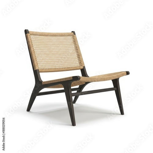 Modern low profile lounge chair features dark wood frame and woven natural fiber seating