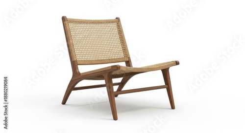Low profile lounge chair constructed with a wooden frame and woven cane seating material