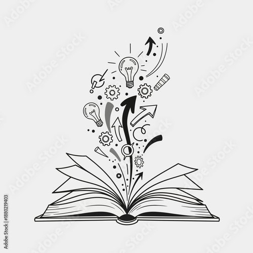 Open Book with Emerging Creative Ideas and Symbols.