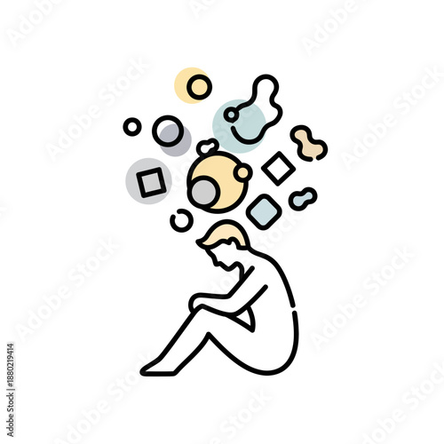 Person Sitting with Thoughts and Emotions.