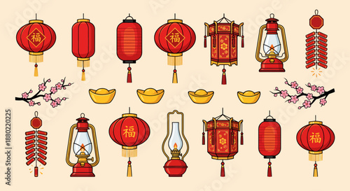 Traditional Chinese Lunar New Year collection vibrant lanterns, golden ingots, blossoms, and firecrackers for a prosperous new year