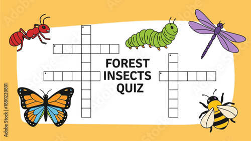 Vector Crossword Puzzle with Forest Insects: Ant, Caterpillar, Butterfly, Dragonfly, and Bee - Fun Educational Activity for Kids