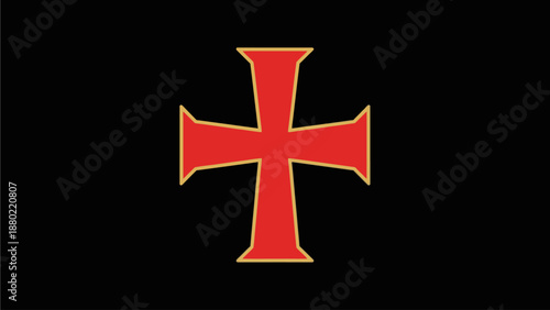 Vector Templar Red Cross with Golden Outline on Black Background