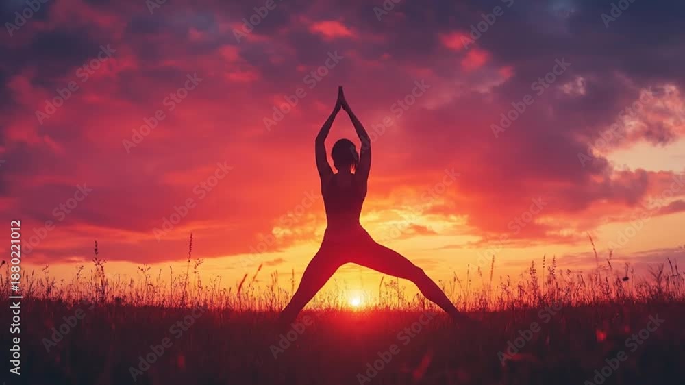 custom made wallpaper toronto digitalSilhouette of person doing yoga in a field against a vibrant red and orange sunset