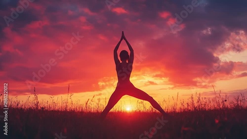 Wallpaper Mural Silhouette of person doing yoga in a field against a vibrant red and orange sunset Torontodigital.ca
