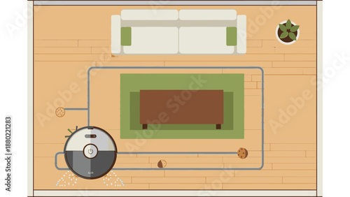 Vector Illustration of Round Robot Vacuum Cleaner Cleaning Garbage with Autonomous Route Map in Living Room