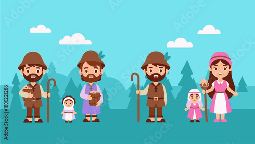 Vector Illustration of Cartoon Shepherd Boy Fairy Tale Characters Set