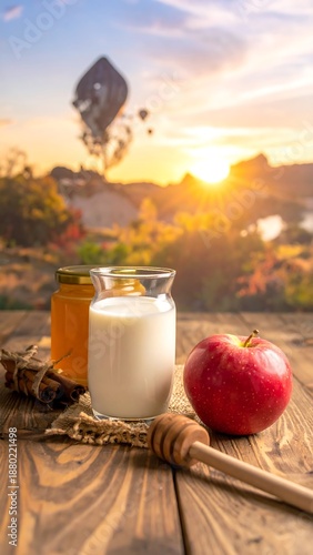 Apple, milk, honey, and cinnamon sticks displayed on a wooden table with a bright outdoor sunset backdrop