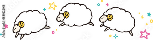 三匹のカワイイ羊が飛び跳ねるイラストレーション