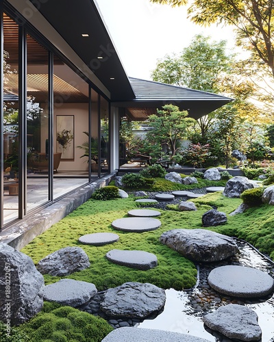 Serene Garden Harmony: A tranquil Japanese garden, featuring a pathway of stepping stones meandering through meticulously landscaped greenery and rocks.
