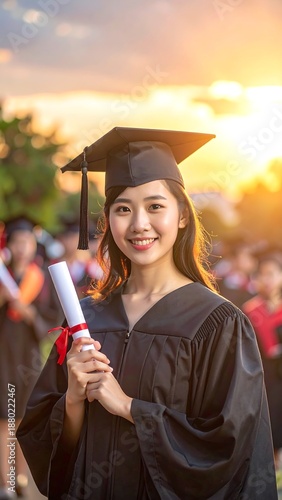 Happy graduate holding diploma, wearing cap and gown. Warm sunset light and blurred classmates in the background