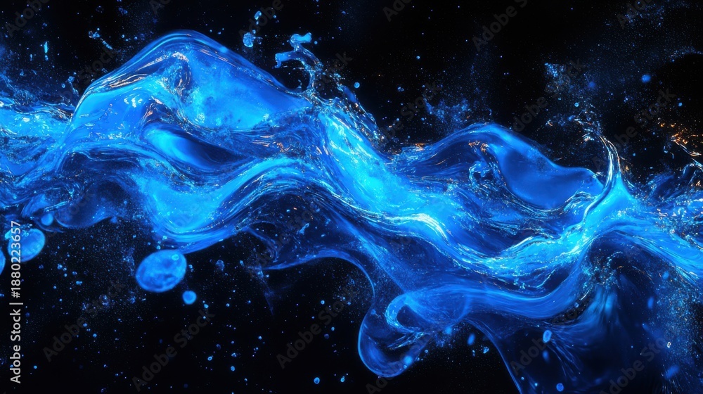 Obraz premium Luminous Blue Liquid Wave with Glittering Elements on Dark Background