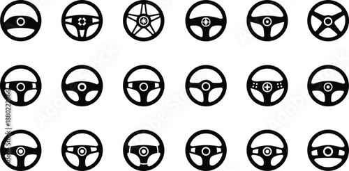 Large collection of black car steering wheel icons with various modern and sporty designs for automotive interior services.
