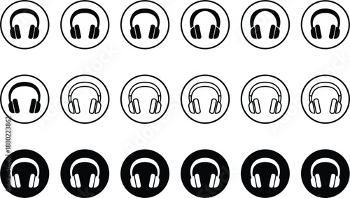 Large collection of headphone icons in various styles including solid outline and circular designs for music and audio.