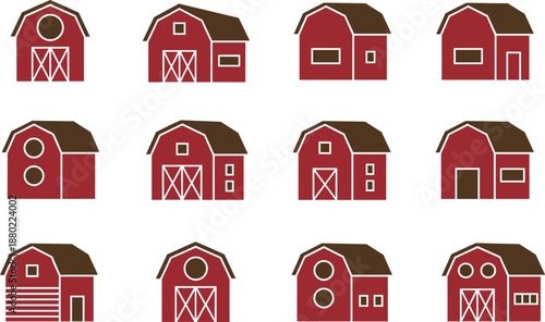 Large collection of red wooden barn icons and farm building illustrations isolated on white for agriculture and countryside.