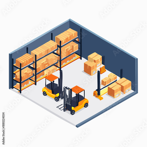 Warehouse interior with forklifts and stacked boxes.