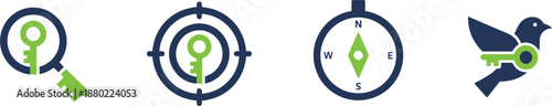 Creative business solution icons featuring a key with magnifying glass target compass and bird for success and goals.