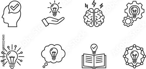 Creative collection of business idea and brain line icons featuring light bulbs gears and human head thinking symbols.