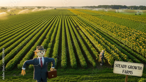 Scarecrow in business suit standing in front of thriving farm fields with sunflowers