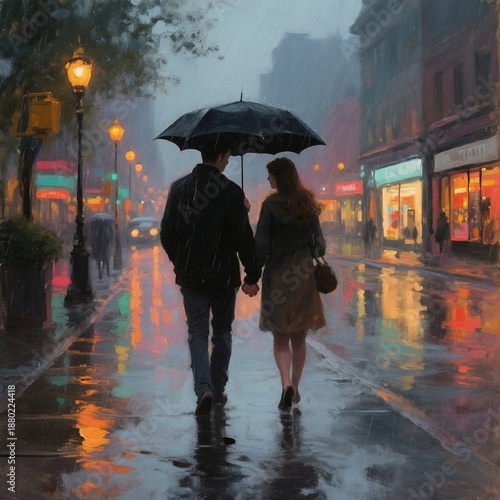 Couple walking in the rain holding hands under black umbrella  