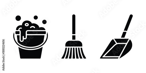 Black and white of trash can with bubbles broom and dustpan vector illustration isolated on white background.