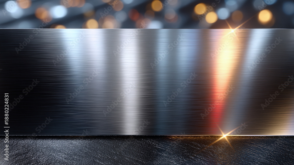 Obraz premium Sleek brushed metal surface with glowing bokeh lights and dark texture, creating a modern, luxurious abstract background.