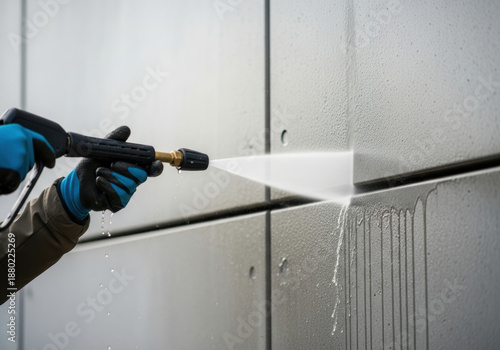 Power washing worker cleaning exterior wall surface with high pressure water jet removing dirt grime and stains from industrial building facade panels