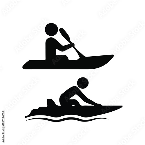 Black vector icons showing sailing boat waves and speedboat with sunrise over river flowing in minimalist flat design style showing water travel and marine elements in simple shapes