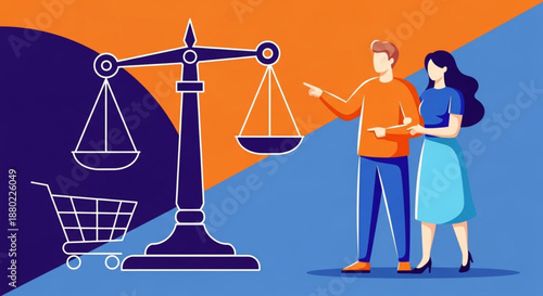 World Consumer Rights Day Couple comparing prices on shopping cart with balanced scales of justice representing consumer choice and fairness