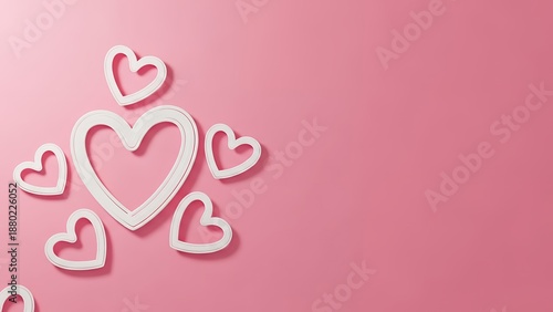 Multiple white outline hearts of various sizes scatter across a smooth solid pink surface creating a lovely romantic design element with copy space romance valentine symbol shape card