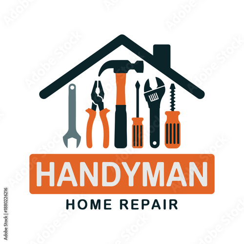Handyman home repair service with tools and house silhouette hammer vector illustration isolated on white background.