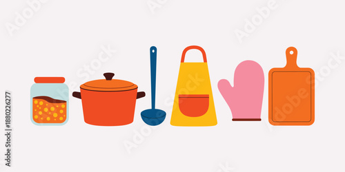 Kitchen including jar spoon pot apron oven mitt cutting board cooking utensils vector illustration isolated on white background.