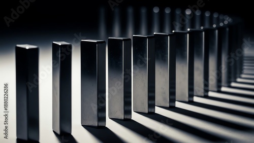 A row of reflective metallic dominoes casting long shadows on a dark surface, symbolizing connection and consequences
