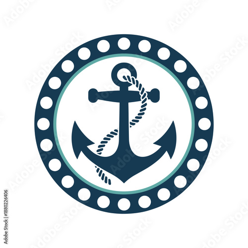 Navy blue anchor with rope and circle pattern border vector illustration isolated on white background.