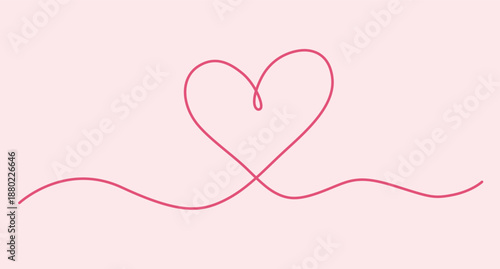 Minimal continuous red line heart illustration on soft pink background, elegant one line love symbol for Valentine’s Day, wedding design, romantic branding, greeting cards, social media templates