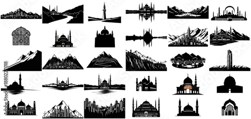 sacred horizons timeless mosques and mountains in bold silhouette art set, isolated on transparent background