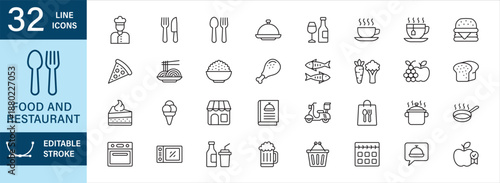 Restaurant icon set in thin line design. Food icons set. Contains icon symbol of chef, cook, fork, spoon, knife, service, reservation, store, beverage, seafood, dessert, menu, vegetables, delivery.