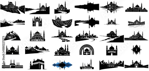 sacred architectures graphic silhouettes bridging spiritual heritage with natural majesty set, isolated on transparent background