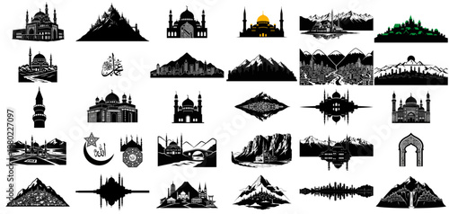 majestic islamic architecture and grand mountain silhouettes a timeless cultural heritage collection, isolated on transparent background