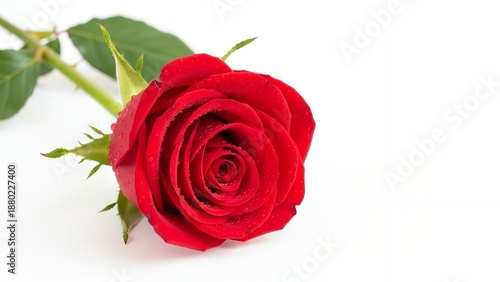 Wallpaper Mural A vibrant red rose bloom featuring tiny fresh water droplets resting delicately upon its velvety petals and green stem flower dew romance love nature plant floral Valentine macro closeup Torontodigital.ca