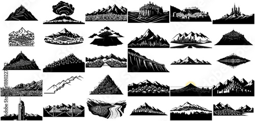 worldscape silhouettes diverse horizons, majestic peaks, and urban sprawl icons set, isolated on transparent background