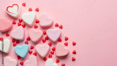 An assortment of colorful heart shaped marshmallow candies scattered across a pastel pink surface creating a romantic festive border design candy valentine love sweet sugar food romance