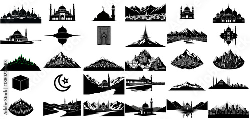 sacred geometry architectural wonders and majestic landscapes in silhouettes set, isolated on transparent background