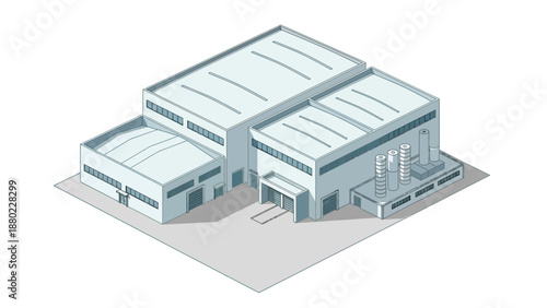 Modern Industrial Building Facade with Multiple Sections and Smokestacks