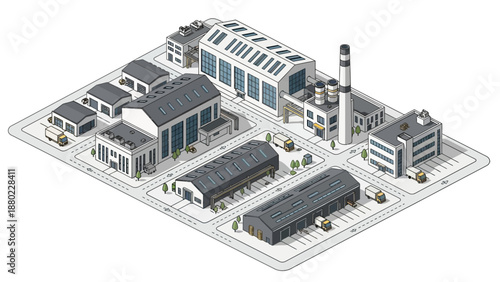 Isometric industrial complex featuring warehouses, factories, and office buildings with cars in a cityscape